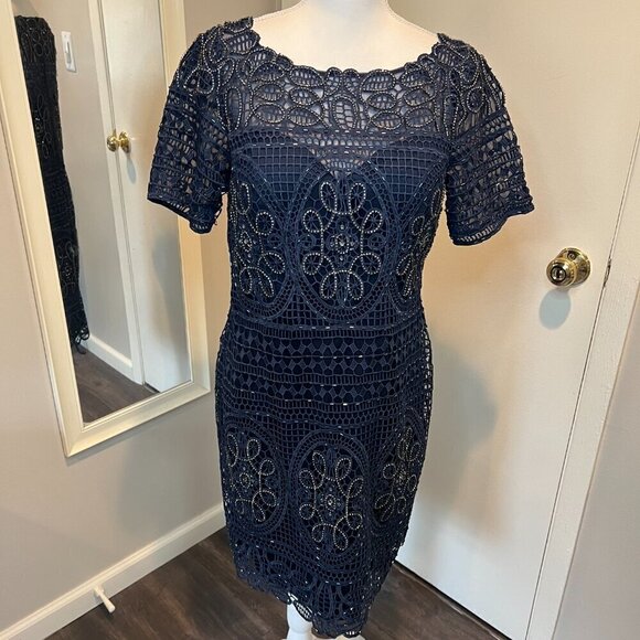 Aidan Mattox Navy Short Lace Beaded Sheath Cocktail Dress, Size 12 - Picture 4 of 16